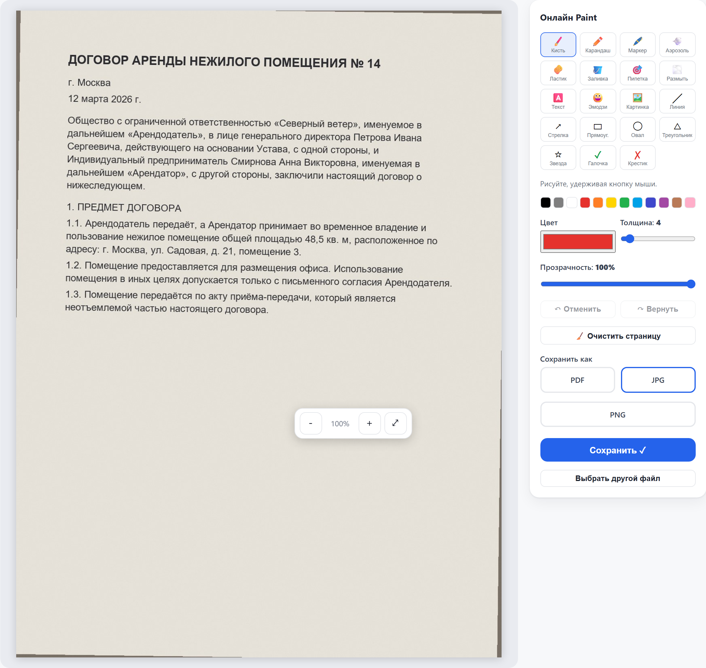 Редактор Paint: холст с открытым файлом и панель инструментов